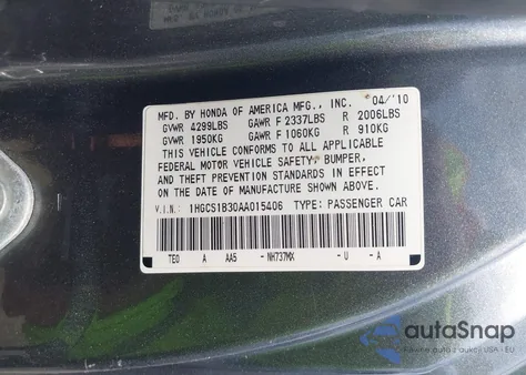 2010 Honda Accord 2.4 Lx-S z USA, uszkodzony, nr VIN 1HGCS1B30AA015406